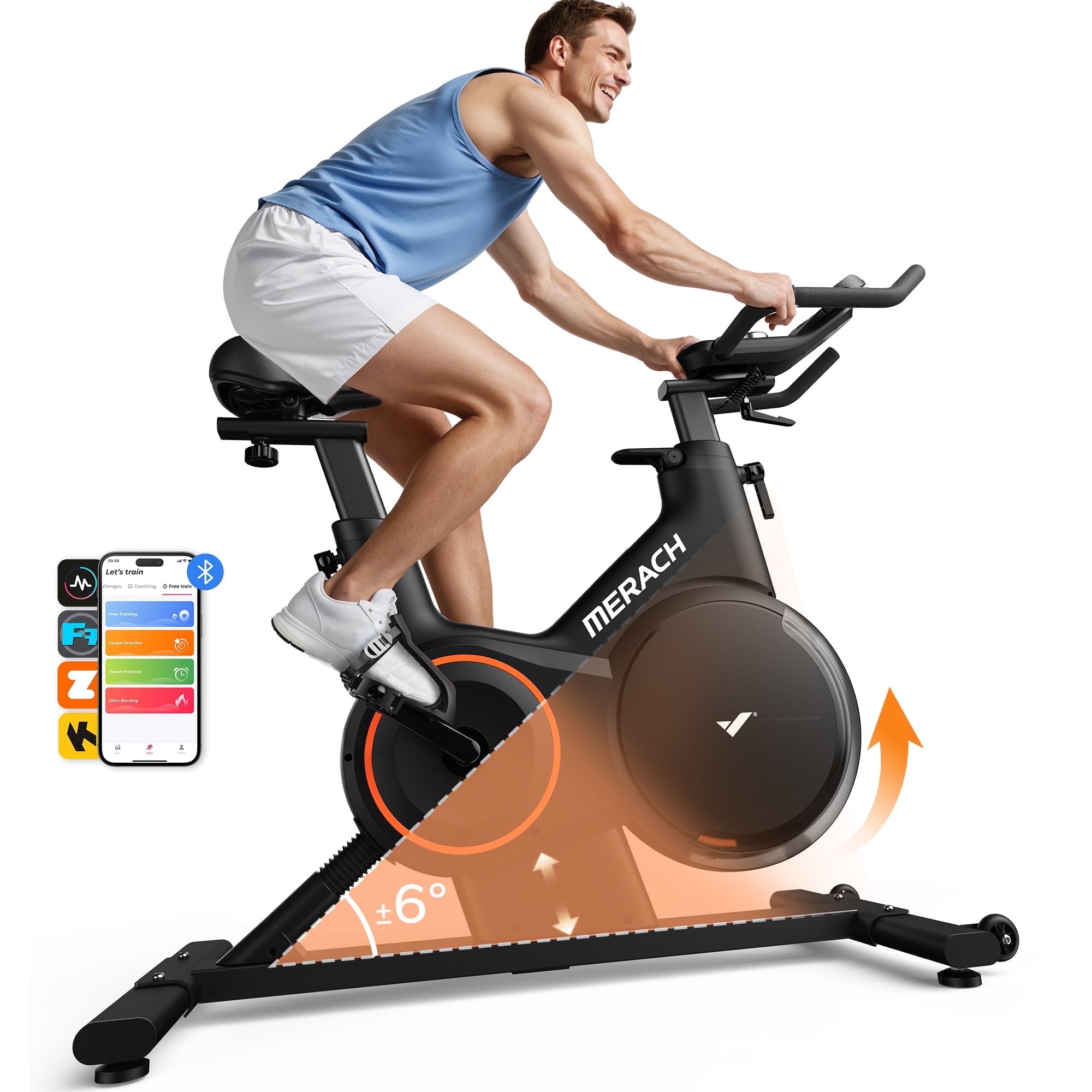 MERACH Magnetic Exercise Bike, Smart Stationary Bike for Indoor Cycling with Bluetooth, ±6° Incline, Quiet Belt Drive, 350lbs Capacity for Home Workout & Cardio Training