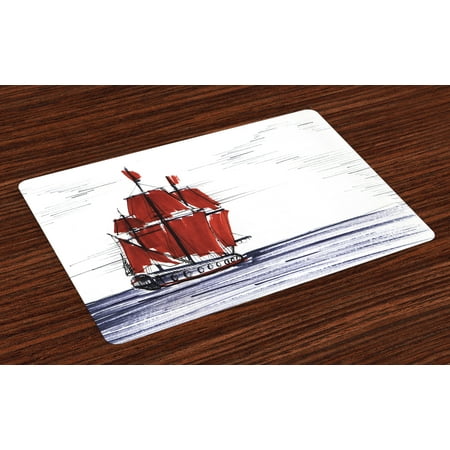 Nautical Style Kitchen Sketchy Placemats Set of 4 Sailing Ship Floating on the Sea Drawing Style Nautical Maritime Theme, Washable Fabric Place Mats for Dining Room Kitchen Table Decor,Dark Purple Ruby Black, by Ambesonne ()