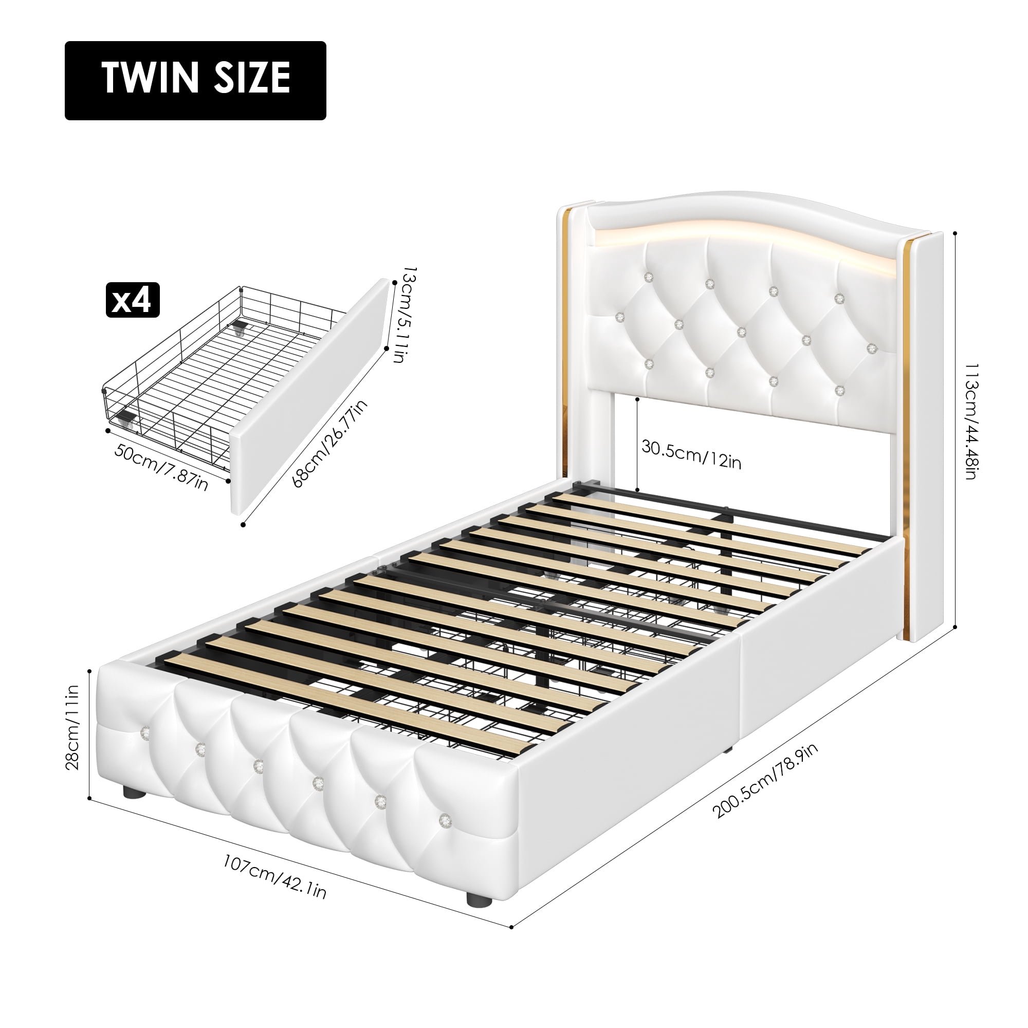 Homfa Twin Size LED Bed Frame with 4 Storage Drawers, PU Leather Upholstered Platform Bed with Crystal Buttons Headboard, White