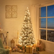 Salzburg 9ft Frosted Prelit Slim Artificial Christmas Tree with 1455 Branch Tips, 500 Warm Lights and Metal Stand, 37" wide Realistic Snow Flocked Skinny Pencil Christmas Tree by Naomi Home