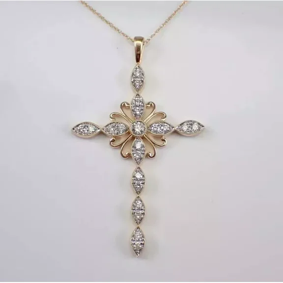 Forever Jewels 2Ct Round Moissanite Womens Art Deco Cross Pendant Necklace 14K Yellow Gold Plated