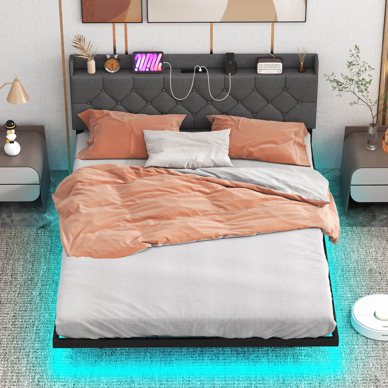 Infans Queen Size Floating Bed Frame with LED Lights Adjustable Upholstered Headboard