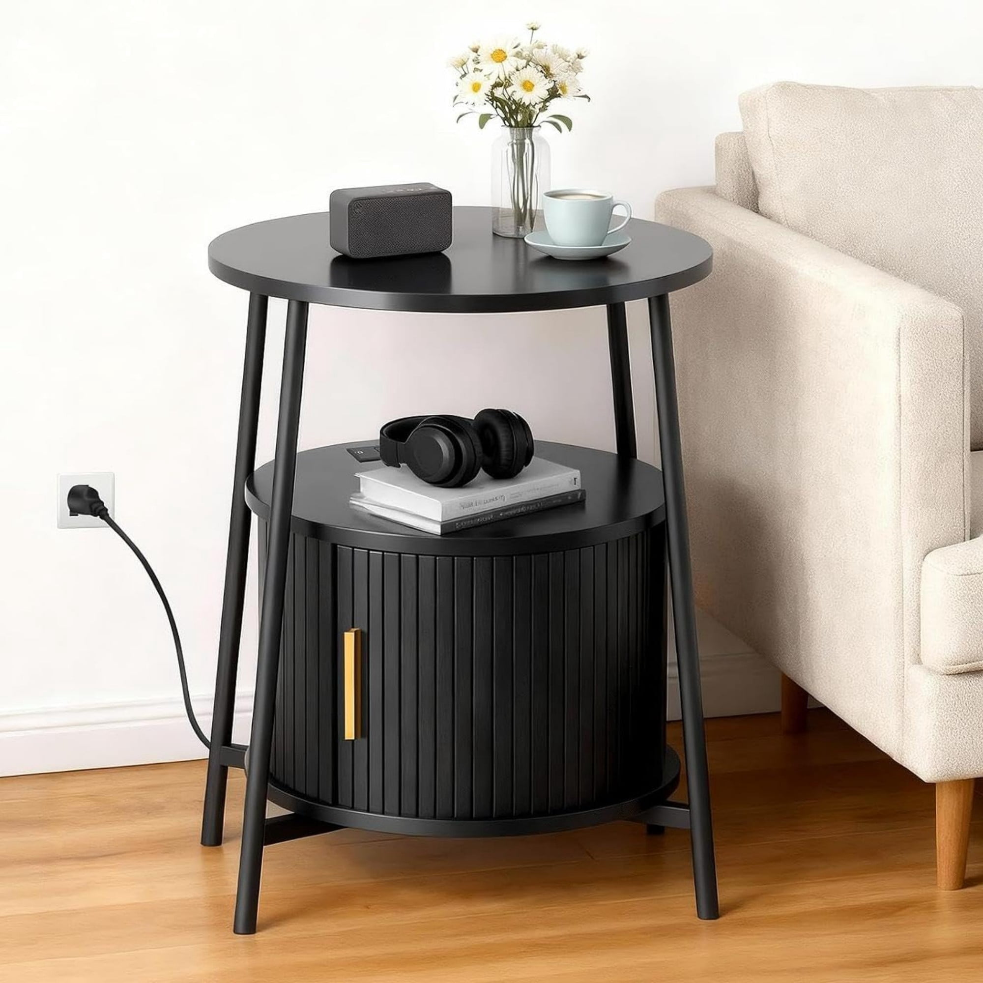 Round End Table Set of 2 with Charging Station, Fluted Side Table with Sliding Door, Mid Century Modern Nightstand for Bedroom & Living Room, Black