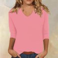 thumbnail image 2 of Spring Tops for Women V Neck Solid Color Casual Summer Basic Top Long Sleeve Basic Oversized Tshirts for Women Pink S, 2 of 4