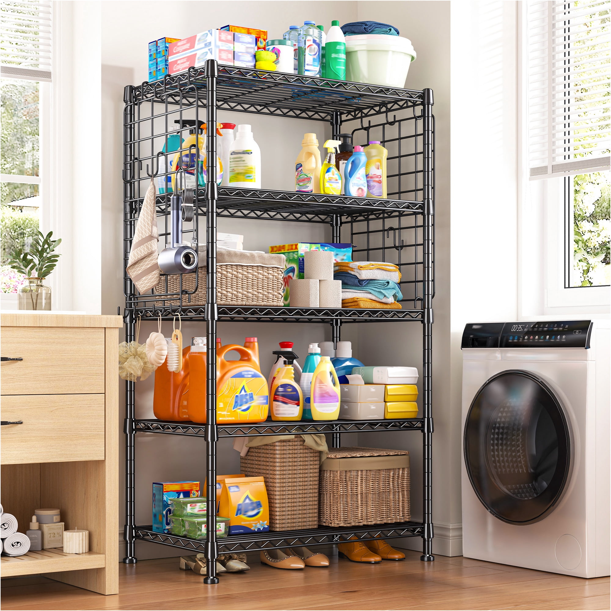 REIBII 5-Tier Metal Shelving Unit with Side Mesh & Hooks,Adjustable Wire Storage Rack,Narrow Pantry Shelf Organizer for Kitchen,Laundry,Garage,Bathroom,Black