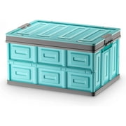 Foldable Car Trunk Organizer Storage Box Portable Collapsible 30 Liters Car Trunk Plastic Box with Secure Buckle Lid and Side Opening, Blue