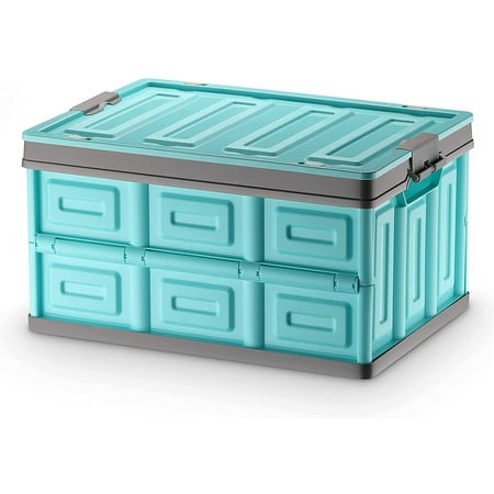 Foldable Car Trunk Organizer Storage Box Portable Collapsible 30 Liters Car Trunk Plastic Box with Secure Buckle Lid and Side Opening, Blue