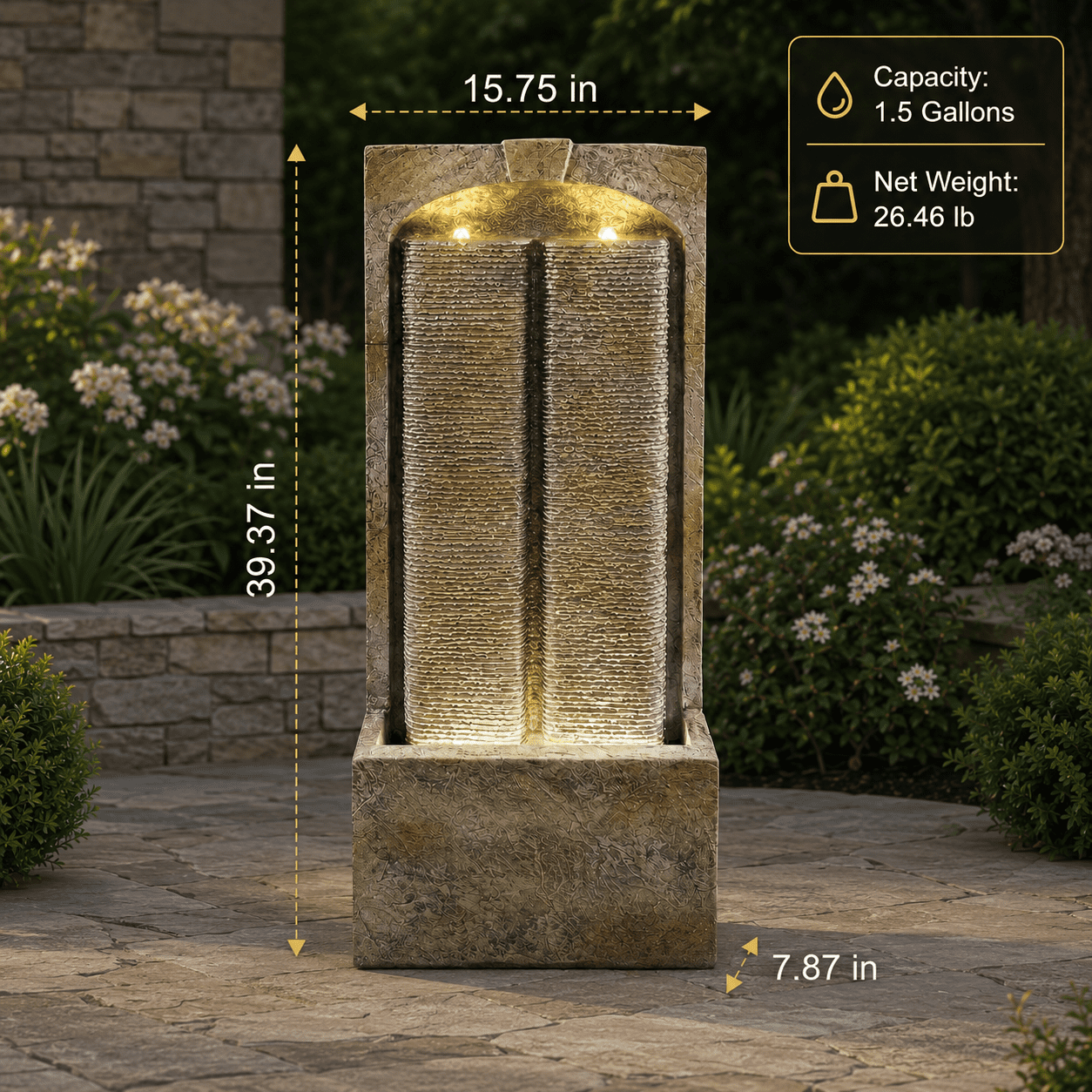 Aukfa 39" Outdoor Water Fountain with LED Lights, Slate Style Resin Water Wall Feature for Patio Garden Backyard,Brown