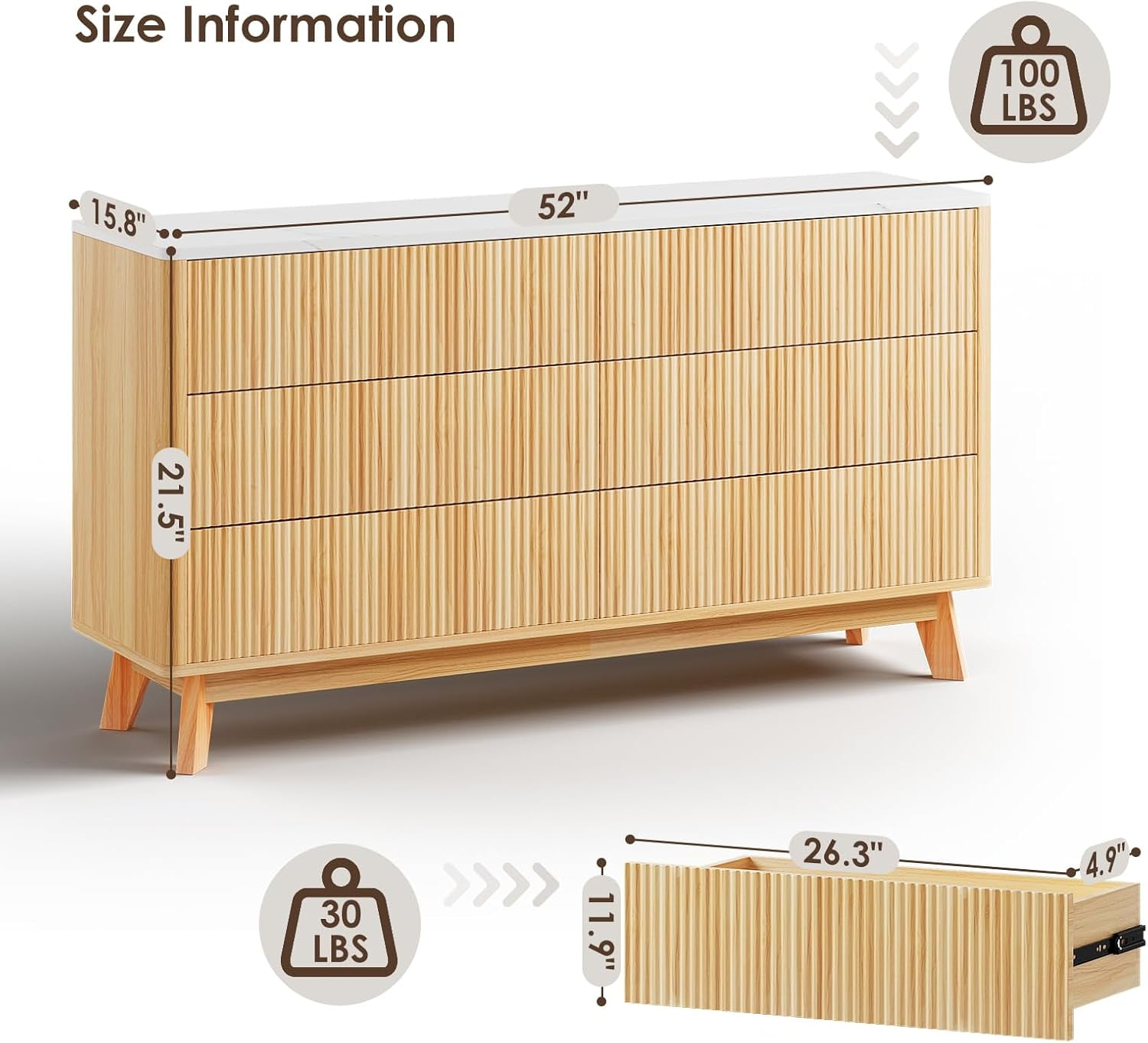 Selooye 6 Drawers Dresser for Bedroom, 52" Wide Handleless Chest of Drawers with Faux Marble Top, Wooden Dresser TV Stand, Wood Drawer Organizer for Living Room, Hallway, Natural Oak
