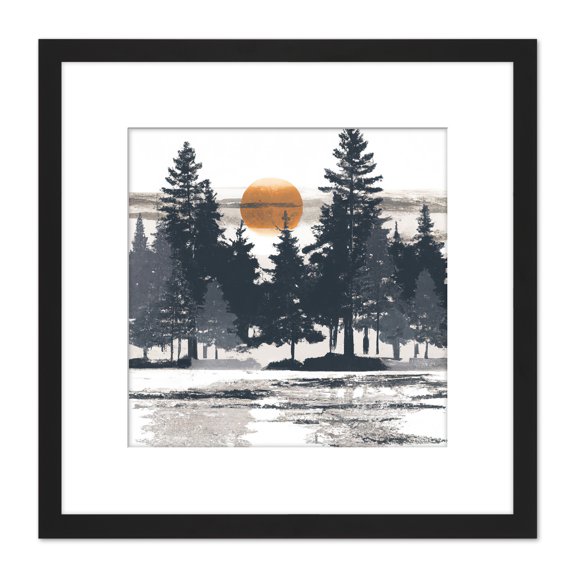 Moody Sunrise Pine Forest Snow Winter Landscape Square Wooden Framed Wall Art Print Picture 8X8 Inch