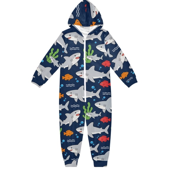 Cartoon Shark One Piece Pajamas Soft Jumpsuit Cozy Sleep and Play Romper Zipper and Pockets 4T
