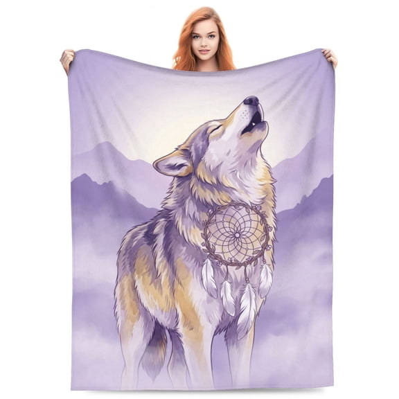Wolf Blanket, Howling Wolf Dreamcatcher Art For Couch Sofa Bed, Purple Mountain Nature Decor, Bedroom Home Bedding Accessory, Flannel Blanket 50x40