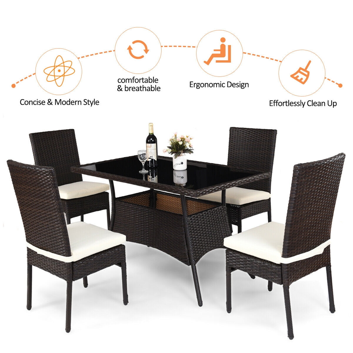 Costway 5 Piece Outdoor Patio Furniture Rattan Dining Table Cushioned Chairs Set Walmart Com Walmart Com