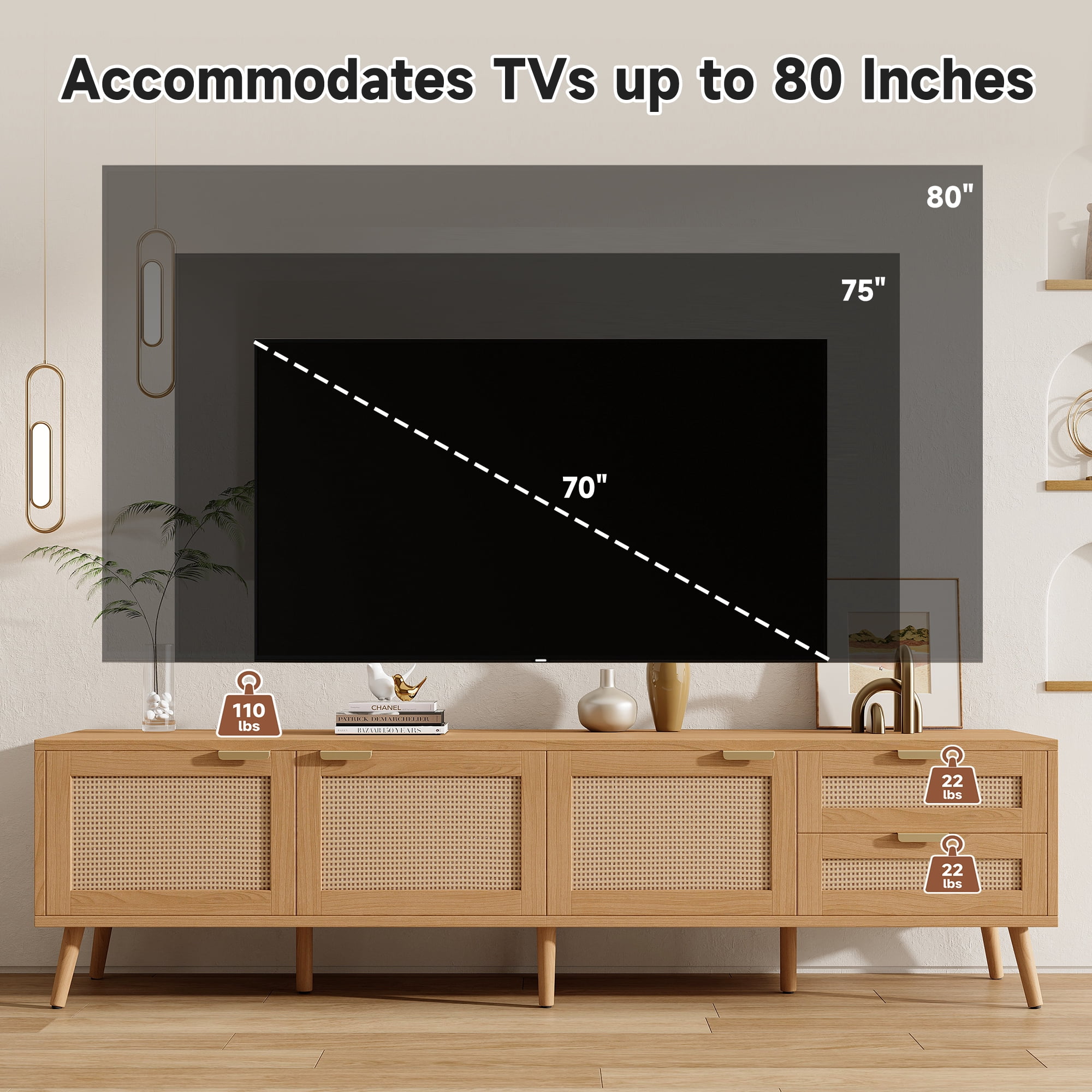 TV Stand for TVs up to 80 Inch, Rattan Entertainment Center with 2 Drawers & Storage Cabinets, Media Console with Solid Wood Legs for Living Room