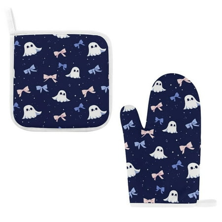 

ZZZHY Ghost Magical Bows-364 Oven Mitts and Pot Holders Sets Heat Resistant Oven Gloves Cute Kitchen Mitts for Oven 2-Piece Baking Gloves Set for Cooking Grilling Baking