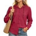 thumbnail image 3 of Josdec Button Down Hooded Sweatshirt for Women Solid Long Sleeve Cotton with Drawstring Loose Casual Overshirt Jacket S-XXL, 3 of 8