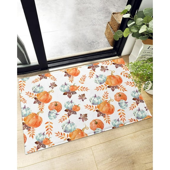 Fluffy Bath Rug Fall Watercolor Pumpkin Burnt Orange Maple Leaf,Non Slip Shag Carpet Soft Floor Door Mat Thanksgiving Farm Harvest,Absorbent Entrance Rugs for Kitchen Bathroom Living Room 16"x24"