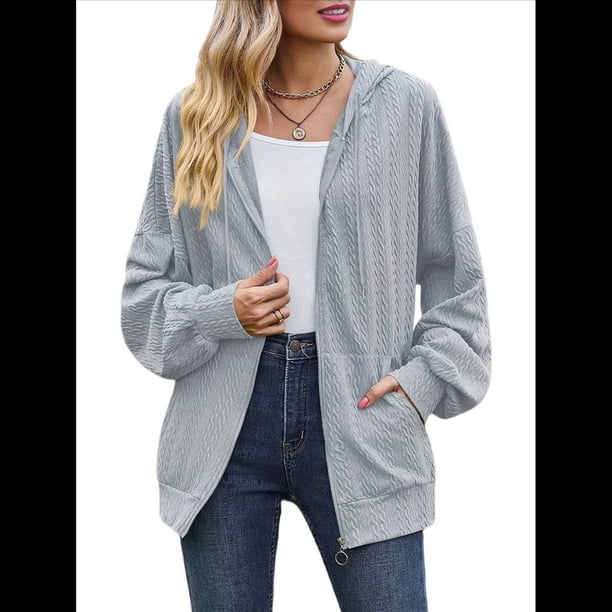 Sudadera con Capucha y Cremallera para Mujer, de Larga, Informal, de Gran Tamaño, con Bolsillos. Azul Gris XXL