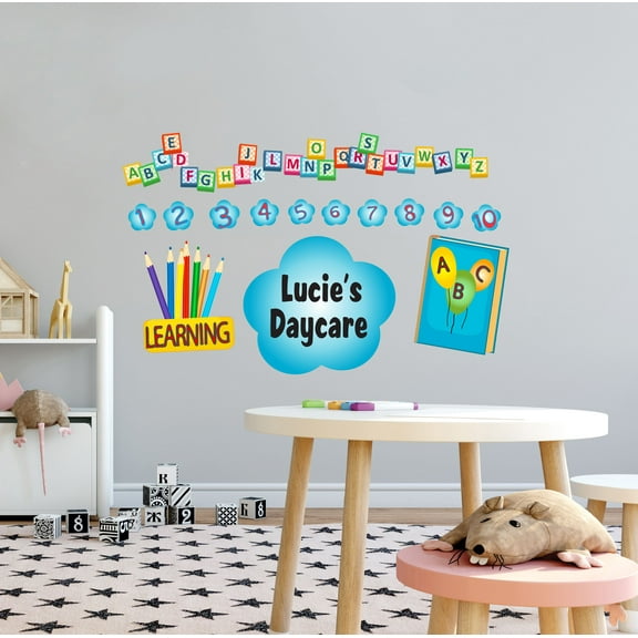 KIDS DAYCARE - Vinyl Adhesive Multicolored Learn A B C Coloring Pencils & Book Décor Numbers And Letters Design Personalized Name Child Care Wall Decal 10" x 6"
