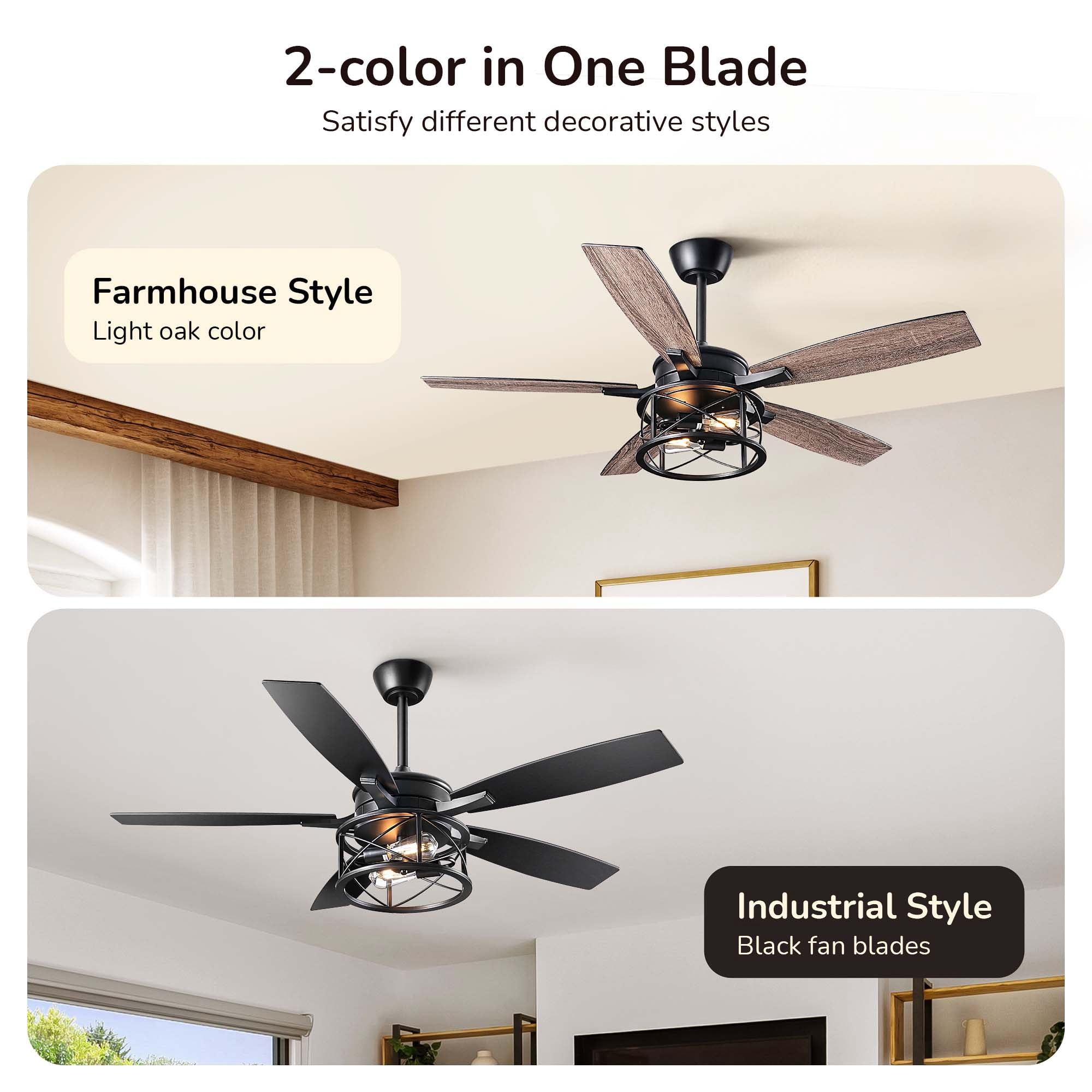 EDISHINE Farmhouse Black Ceiling Fan with Light and Remote Control, 5 Wood Blades, Rustic Farmhouse Ceiling Fan with Light for Living Room, Bedroom, Wet Rated