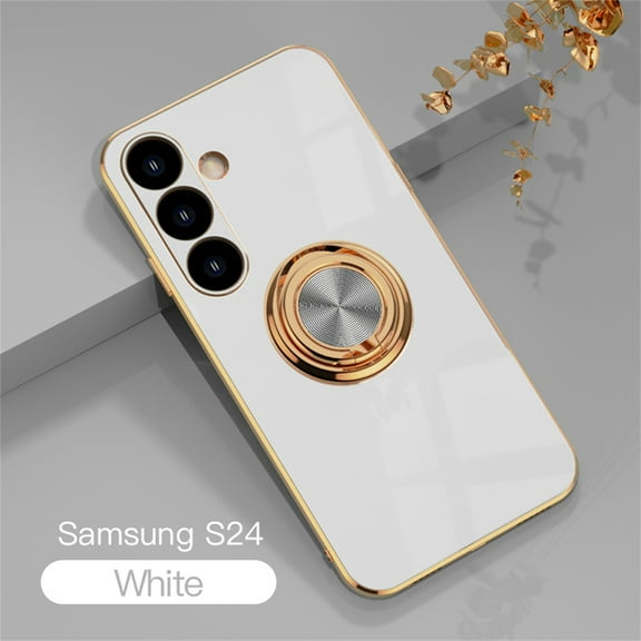 ELEHOLD for Samsung Galaxy S24 Slim Case Electroplating Frame Design All-inclusive Lens Protection Metal Ring Holder Stand Function Shockproof Lightweight Case for Galaxy S24 - White