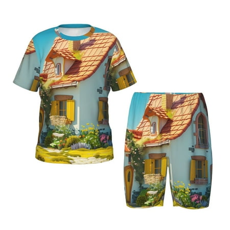Luyuia Cozy Cartoon Backyard Print Girls  2-Piece Tie-Dye Pajama Set  Cute Summer Loungewear with Shirt and Tank Shorts Nightwear-3X-Large