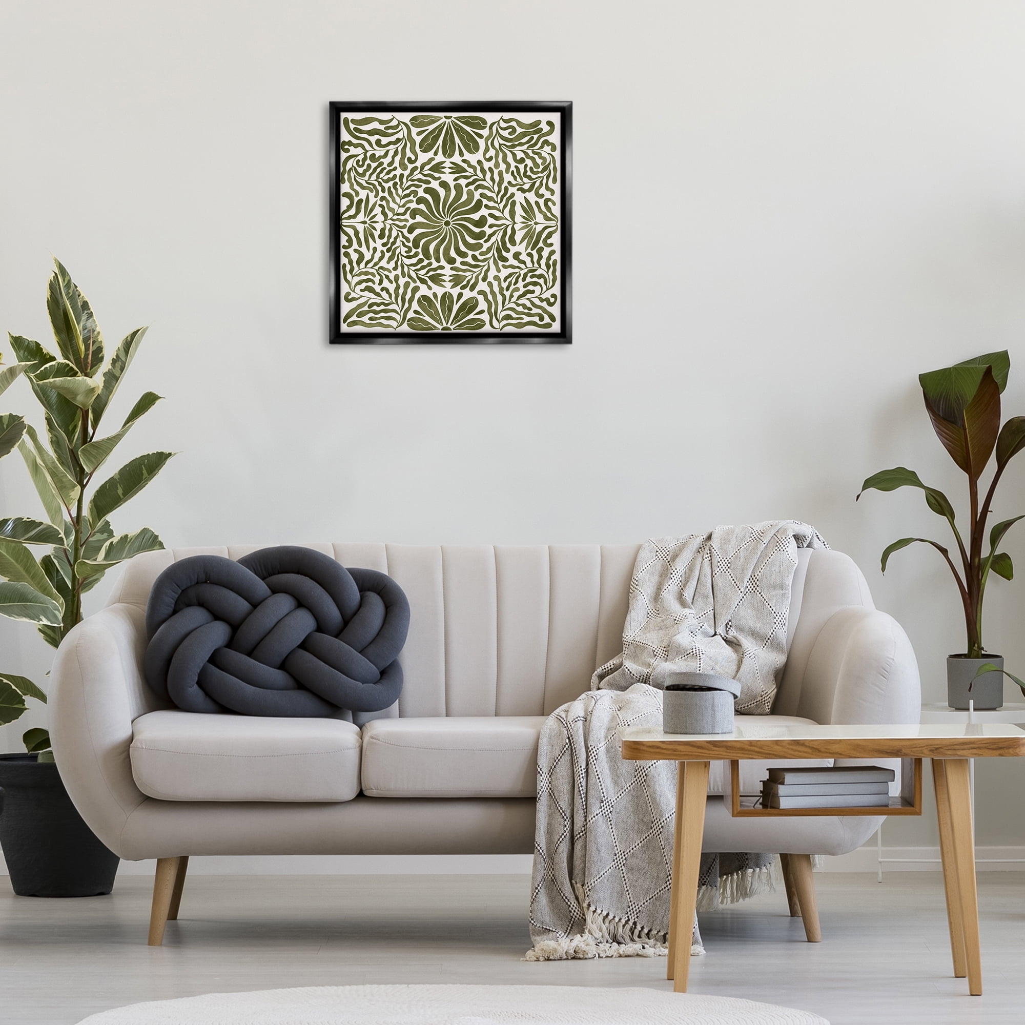 Stupell Industries Symmetric Flower Pattern Abstract Painting Black Floater Framed Canvas Art Print Wall Art, 25 x 25