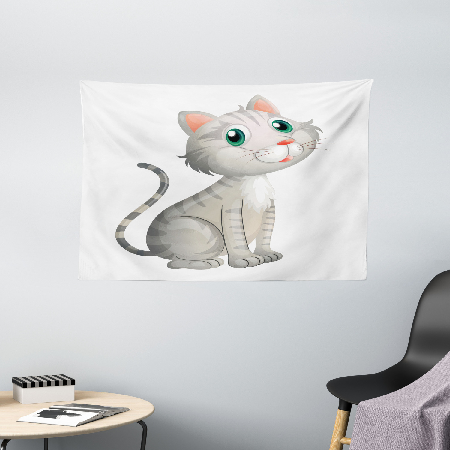 Grey Tapestry, Illustration of an Adorable Little Baby Cat on a White