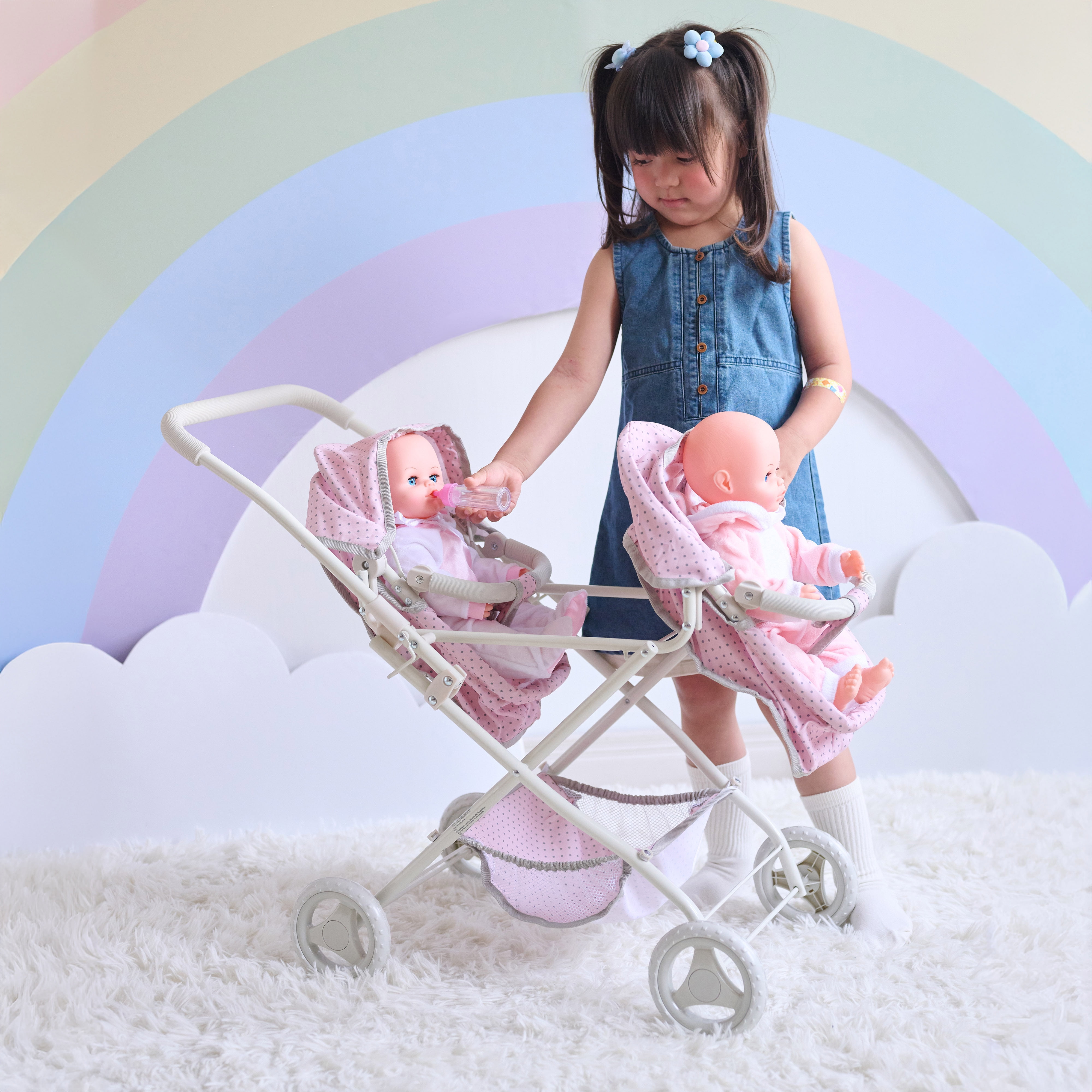 Olivia's Little World Polka Dot Princess Baby Doll Twin Bassinet Stroller with Retractable Canopy & Storage, Pink/Gray