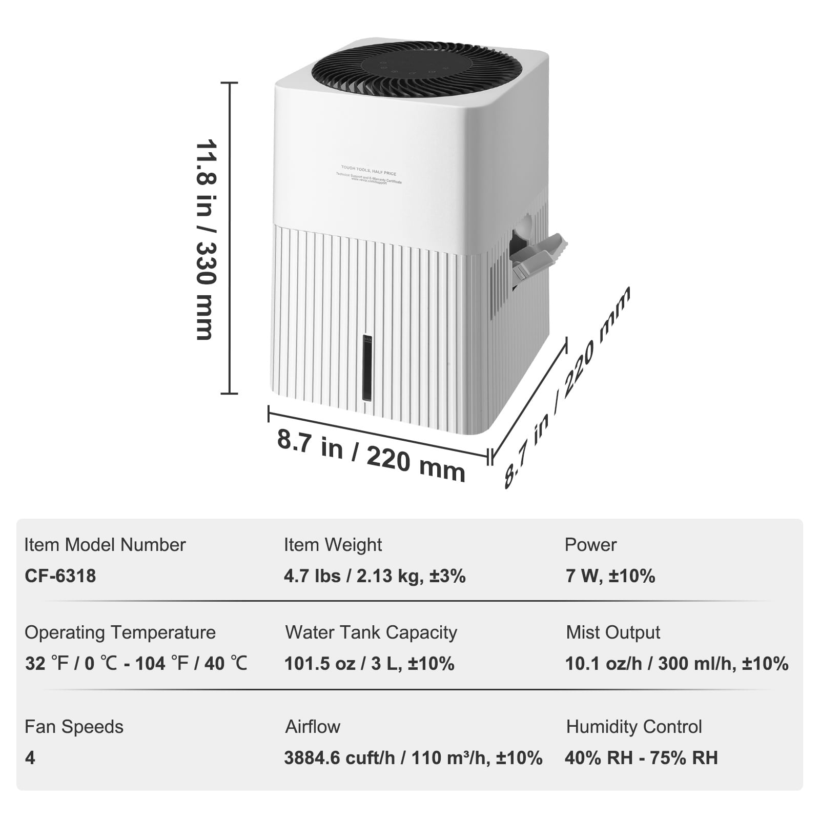 SKYSHALO 3L Evaporative Humidifiers No Mist for Bedroom Top Fill Quite 300 ml/h
