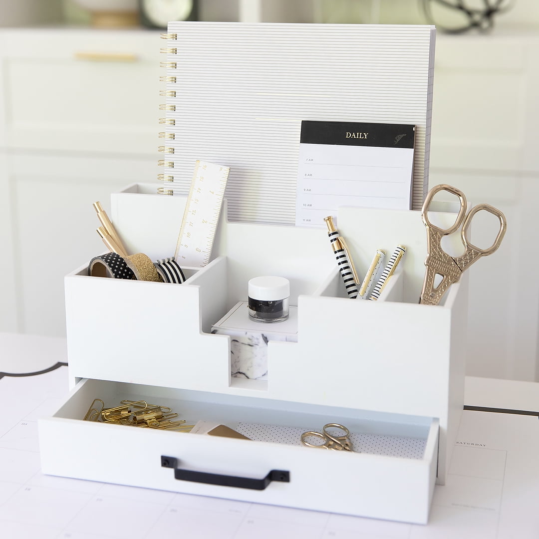 Blu Monaco Office Desk Accessories and Workspace Organizers Storage- White Wood Desk Organizer - Makeup Bathroom Organizer Countertop Organization – Dorm Room Décor