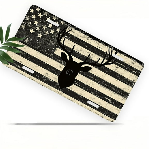 Deer Head and American Flag Front License Plate, Metal License Plate, Funny Standard Plates Personalized Novelty Decorative For Men/Women/Boys/Girls Car 6×12 Inch