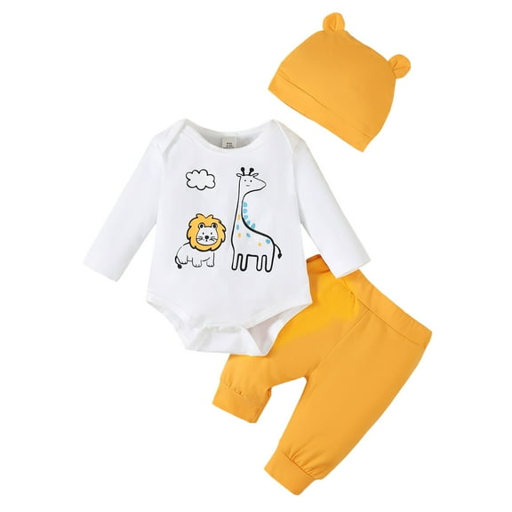1 Months Baby Boys Clothes 3 Months Boys 3PCS Fall Winter Outfits Set Animals Print Newborn Boys Long Sleeve Top Pants Set with Hat Yellow
