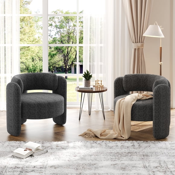 Fauteuil d'Appoint Tonneau Surdimensionné en Chenille – Fauteuil Moderne de Style Mi‐siècle Rembourré avec Dossier Ouvert, Siège Lounge Douillet pour Salon, Chambre, Bureau – Confortable et Stylé – Gris Foncé