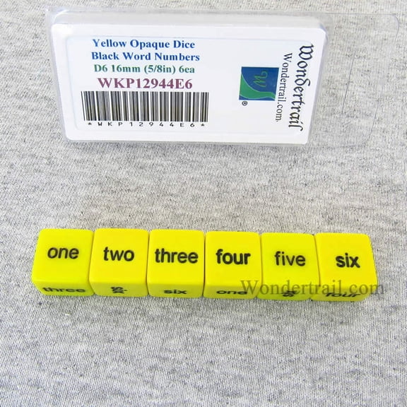 Yellow Opaque Dice with Black Word Numbers D6 16mm (5/8in) Set of 6 Wondertrail