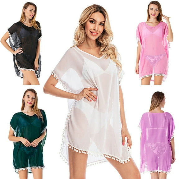 Women's Pom Chiffon Tassel Swimsuit Bikini Beach Wear Bathing Beach Cover Up