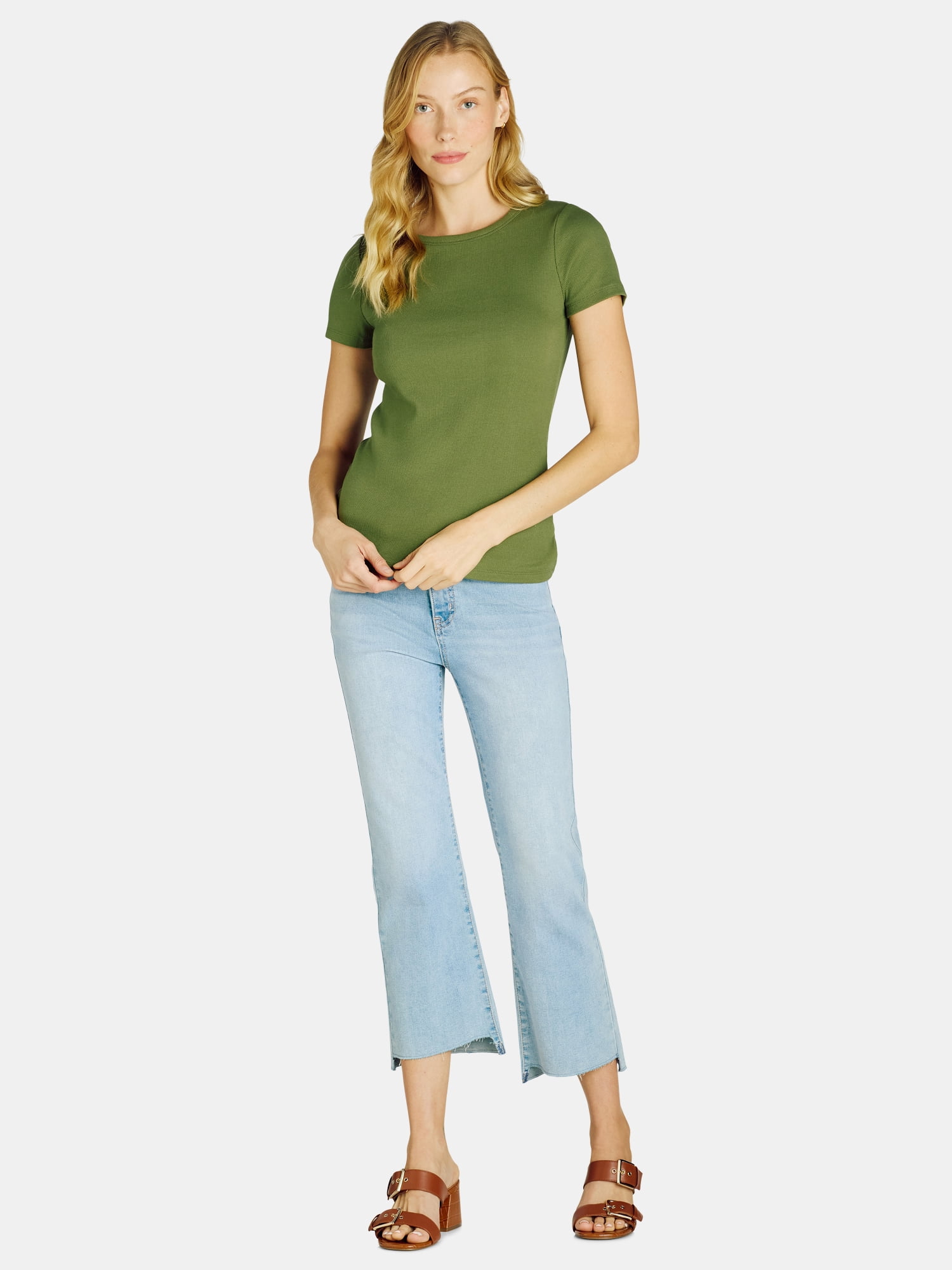 Time and Tru Women’s Rib Crewneck Tee with Short Sleeves, Sizes XS-XXXL