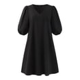 thumbnail image 3 of VONDA 3 Colors Women V-Neck Puff Sleeve Pure Color Casual Loose Mini Dress, 3 of 10