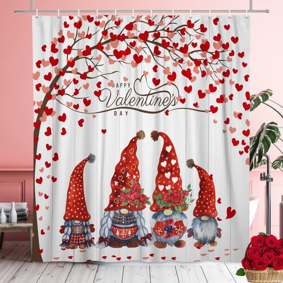 ChloropLastid Valentine''s Day Shower Curtain, Red Pink Love Heart Shower Curtain, Valentines Gnome Shower Curtain, Romantic Heart Tree Valentines Day Bathroom Curtain 72x72 Inch Polyester Fabric