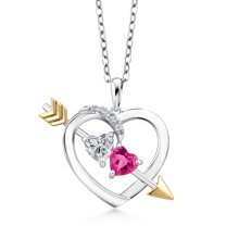 Gem Stone King 925 Silver and 10K Yellow Gold Lab Grown Diamond and Pink Created Sapphire Pendant Necklace for Women | 1.08 Cttw | Gemstone April Birthstone | Heart Shape 5MM | With 18 inch Chain