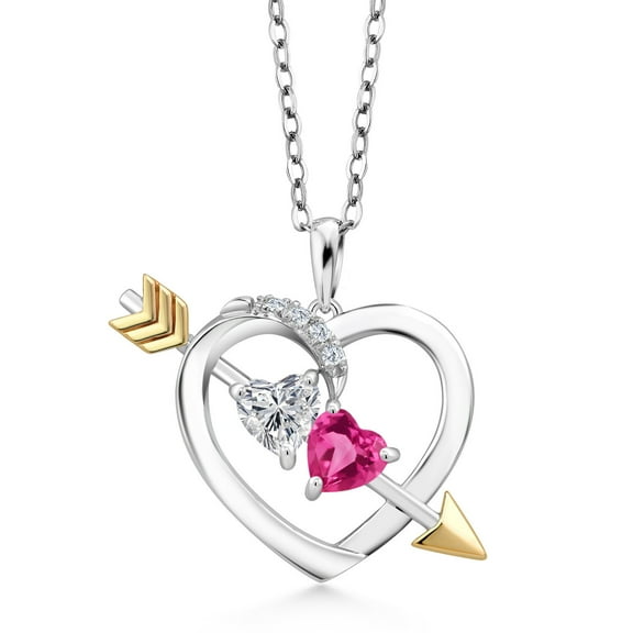 Gem Stone King 925 Silver and 10K Yellow Gold Lab Grown Diamond and Pink Created Sapphire Pendant Necklace for Women | 1.08 Cttw | Gemstone April Birthstone | Heart Shape 5MM | With 18 inch Chain