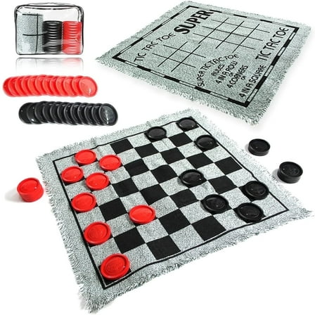 3 in 1 Giant Checkers & Mega Tic Tac Toe with Reversible Mat – Jumbo Classic Board Games for Family Fun, Indoor/Outdoor Activity