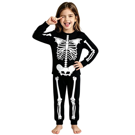 Little Kid Halloween Outfit Girls Halloween Skeleton Long Sleeve Soft Cosy Two Piece Set Black 3-4 Years