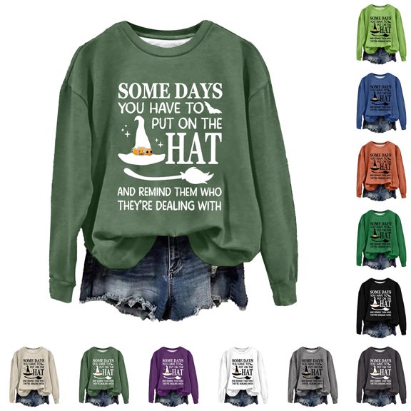 YVNAURA Women's Halloween Witch Sweatshirt Some Days You Have To Put On The Hat Funny Graphic Long Sleeve Pullover Tops Crew Neck Casual Fall Outfits Spooky Season Tee, JN,L