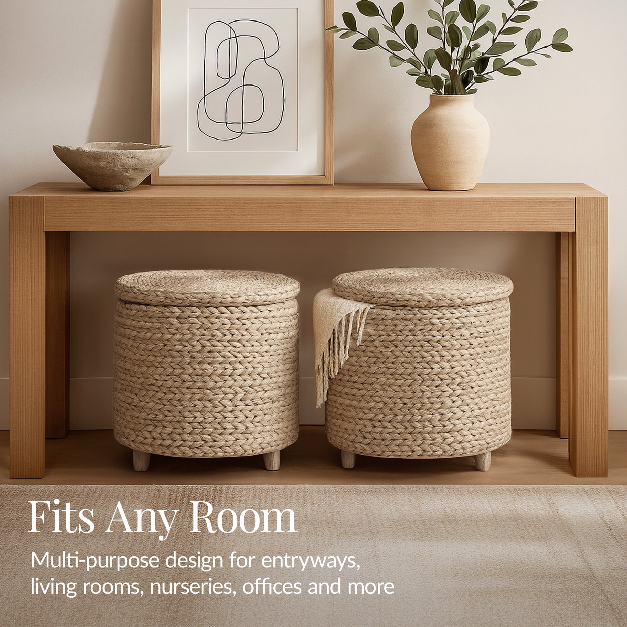 Best Choice Products 17" Round Storage Ottoman with Lid - Handwoven Water Hyacinth Modern Footstool, Whitewash