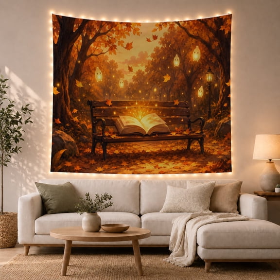 Open Book with Golden Light in Autumn Forest, Whimsical Fantasy Wall Art for Book Lovers, Enchanted Reading Decor Christmas Gift Tapestry Wall Hanging for Bedroom and Living Room