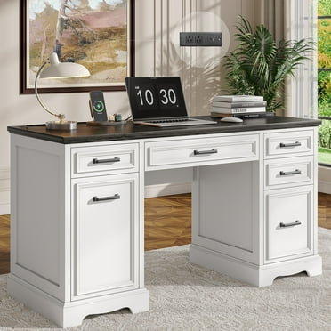 White Executive Home Office Desk with Charging Station and Drawers for Work Study Writing, 55.1" Farmhouse Computer Desk with Storage File Drawers for Home Office Men Women