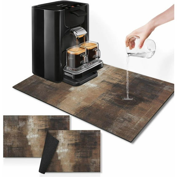 Coffee Mat for Countertops, Brown Abstract Modern Dish Drying Mat 2 Pcs for Kitchen Bar Accessories, Coffee Maker Espresso Machine Dish Rack Hide Stain Rubber Backed 12x19In