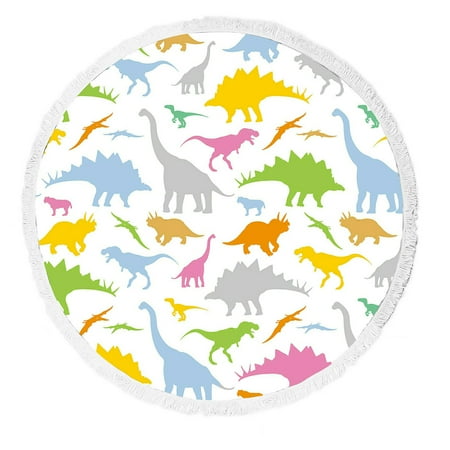 ABPHQTO Dinosaur Pattern Round Beach Blanket with Tassels Beach Throw Towel Yoga Mat Picnic Blanket