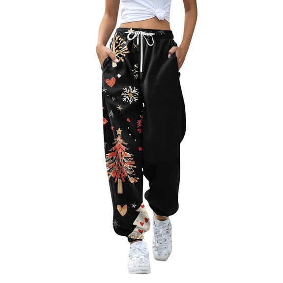 Women's Casual Fashion Christmas Print Sweatpants, Long Casual Pants with Drawstring Waist for Sports and Home Wear, Comfortable Material,Black,L